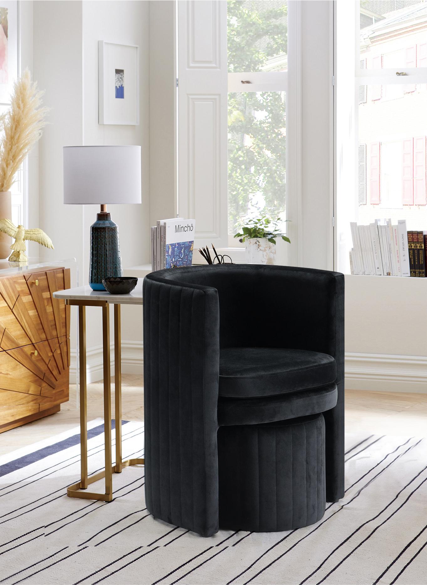 Selena Black Velvet Accent Chair and Ottoman Set