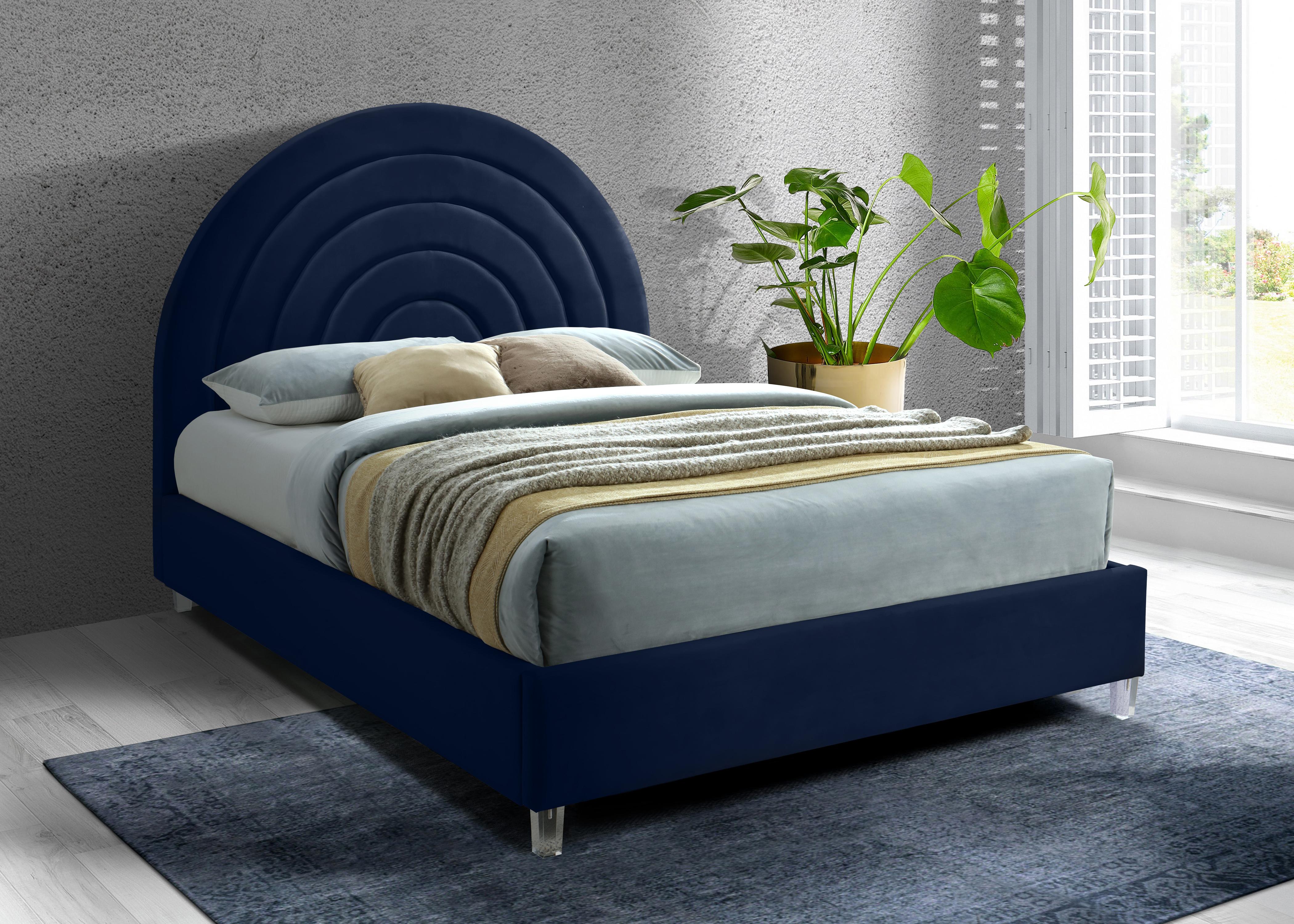 Rainbow Navy Velvet Queen Bed